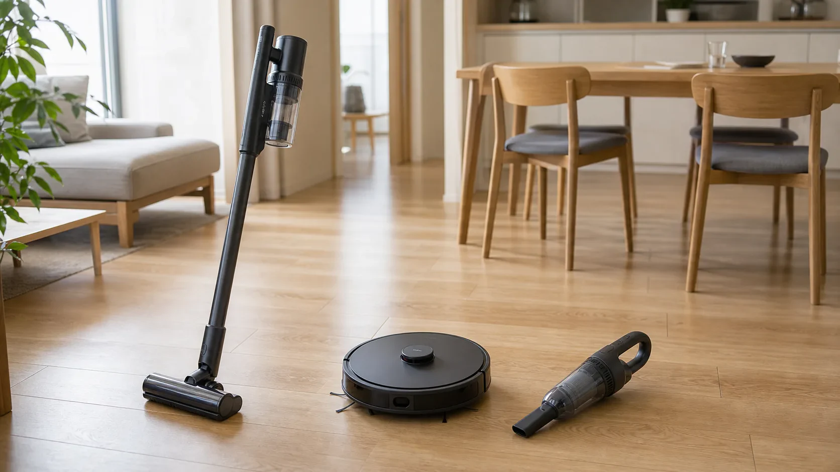 コードレス掃除機とロボット掃除機を同じリビングで役割分担させる場面