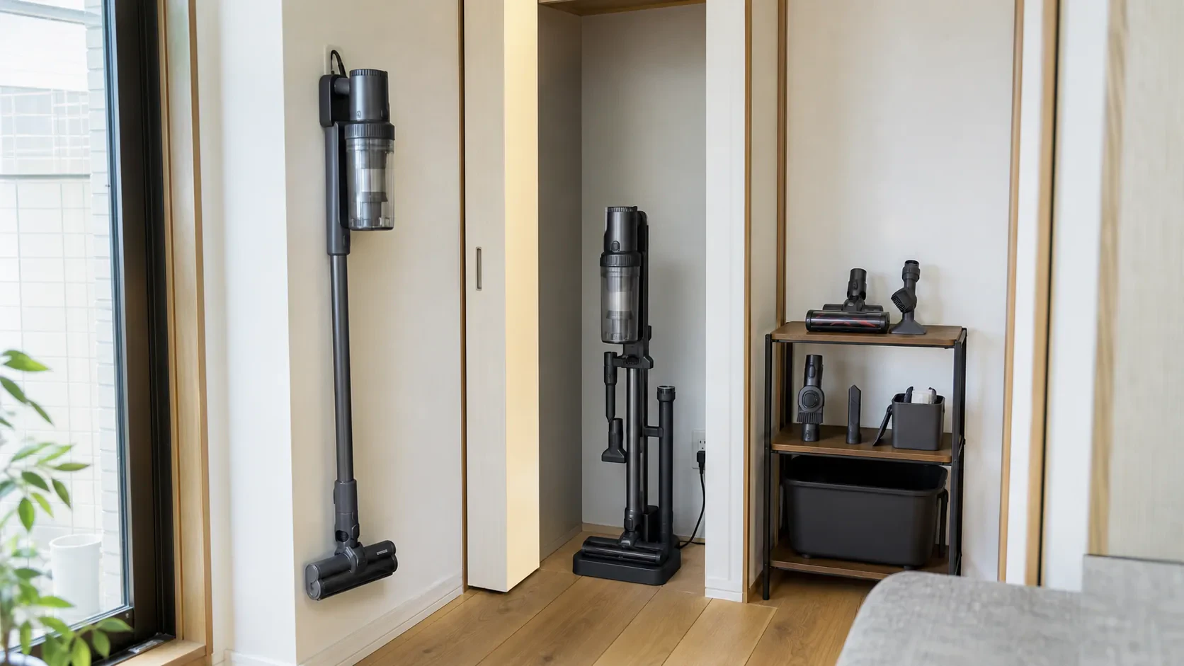 コードレス掃除機と自動ゴミ収集ドックを日本の住まいの壁際へ置いた様子