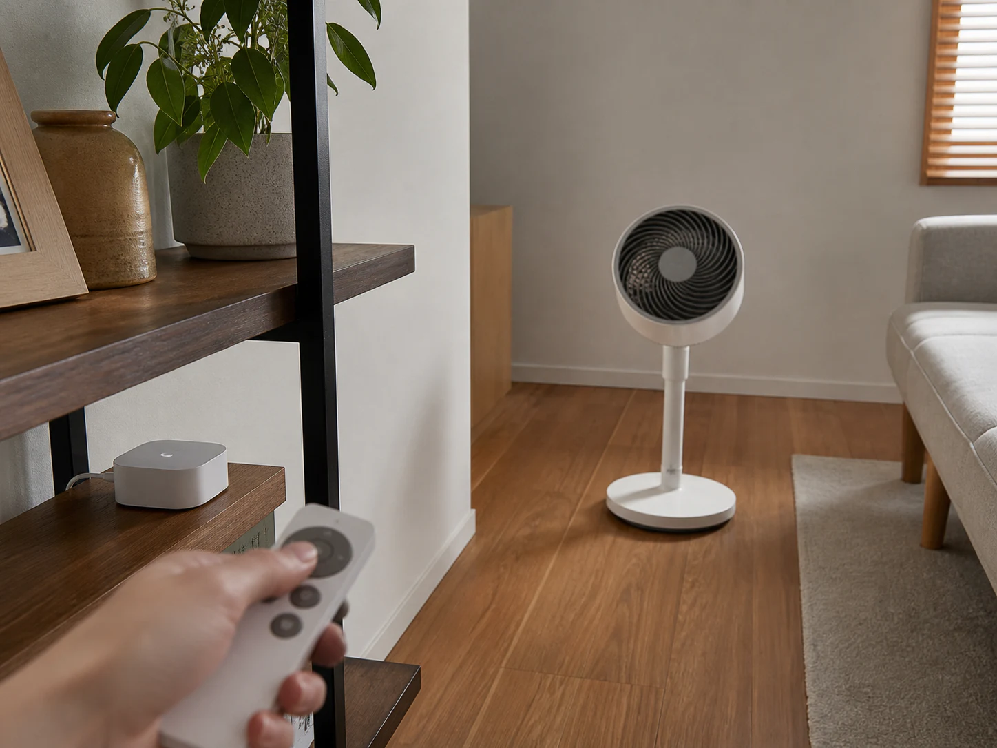 扇風機のリモコンを赤外線スマートハブへ向けて登録する場面