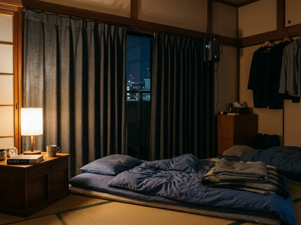 遮光カーテンのある寝室