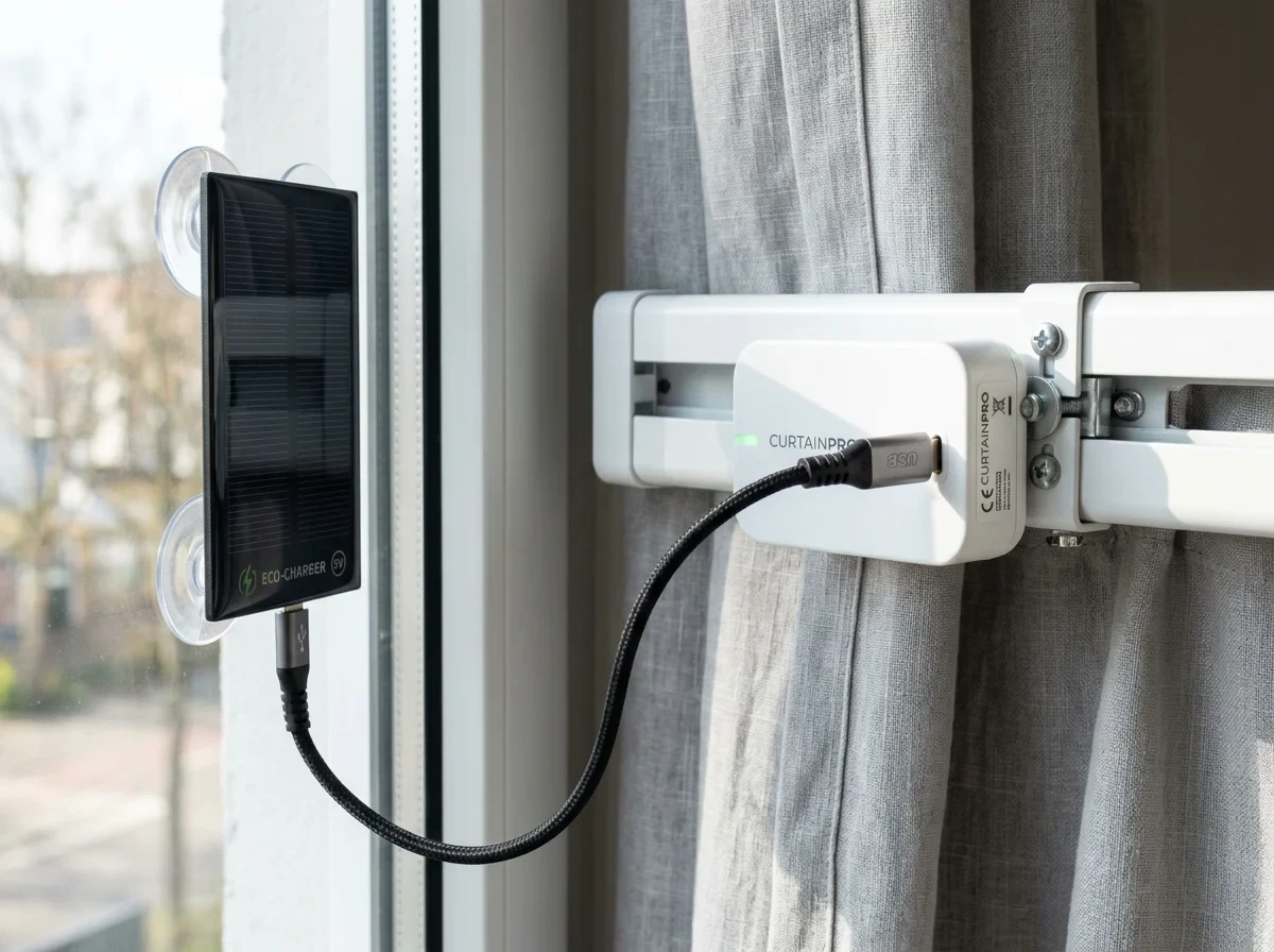 窓際の小型ソーラーパネルと充電ケーブルのイメージ