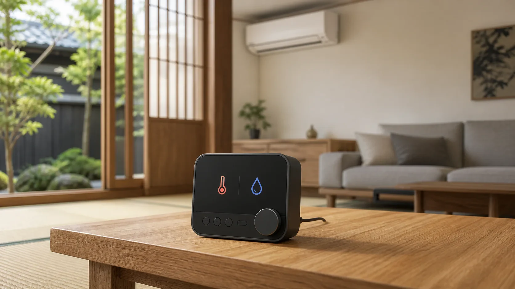 SwitchBot Hub 3を置いた日本のリビングで家電を操作するイメージ