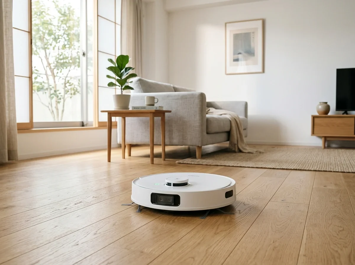 明るいリビングのフローリングを掃除するSwitchBot S20ロボット掃除機