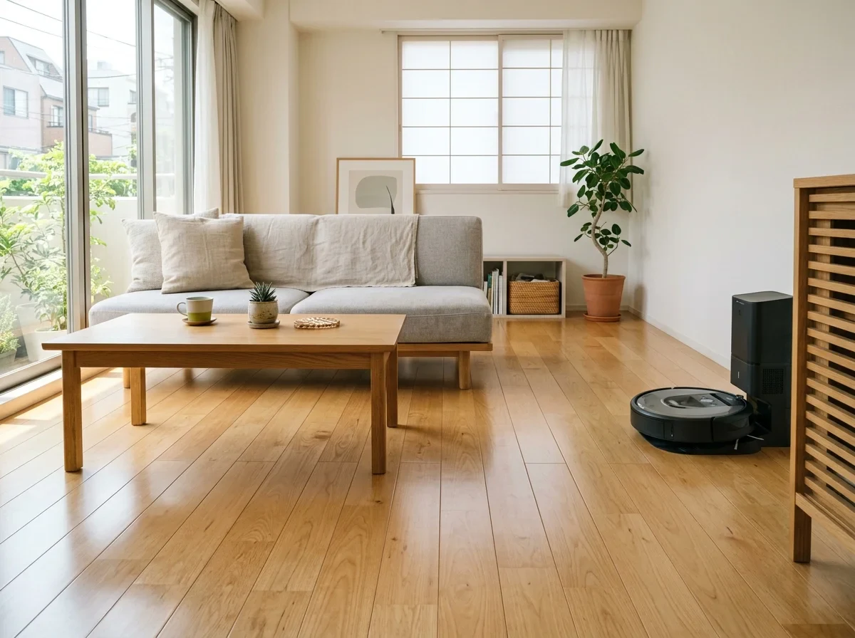 明るいリビングでステーションへ戻るロボット掃除機