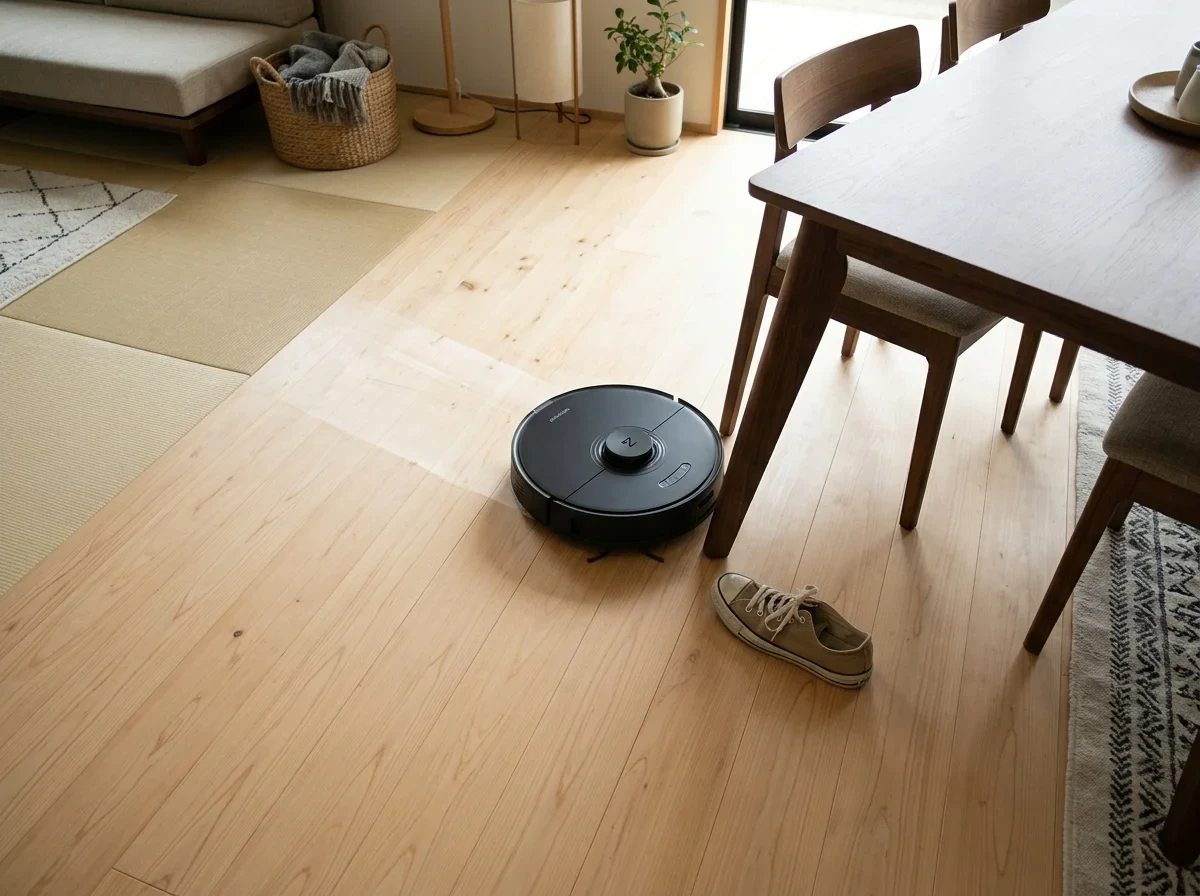 ダイニングと畳の境を走るロボット掃除機