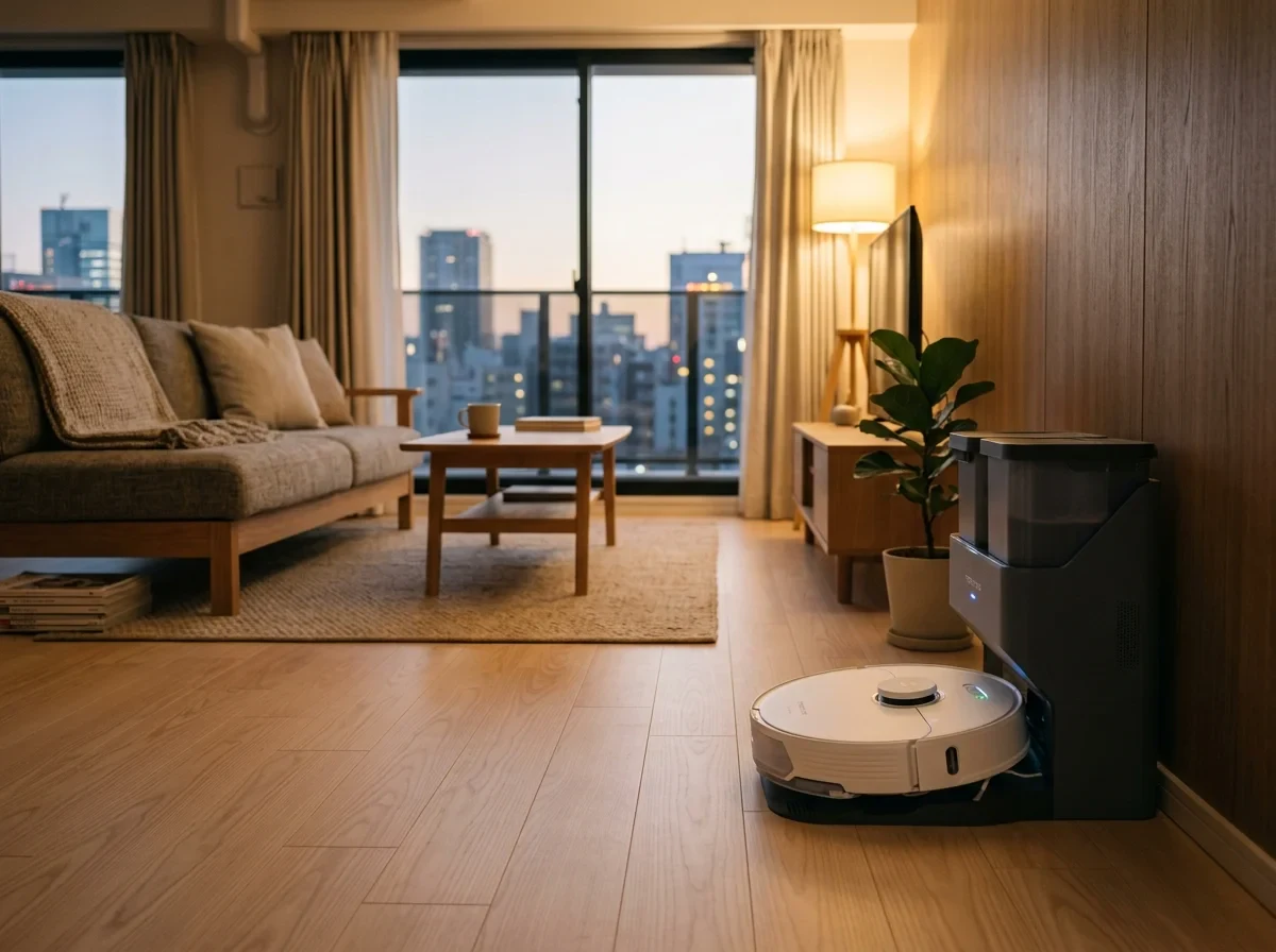 夜のリビングでステーションへ戻ったロボット掃除機