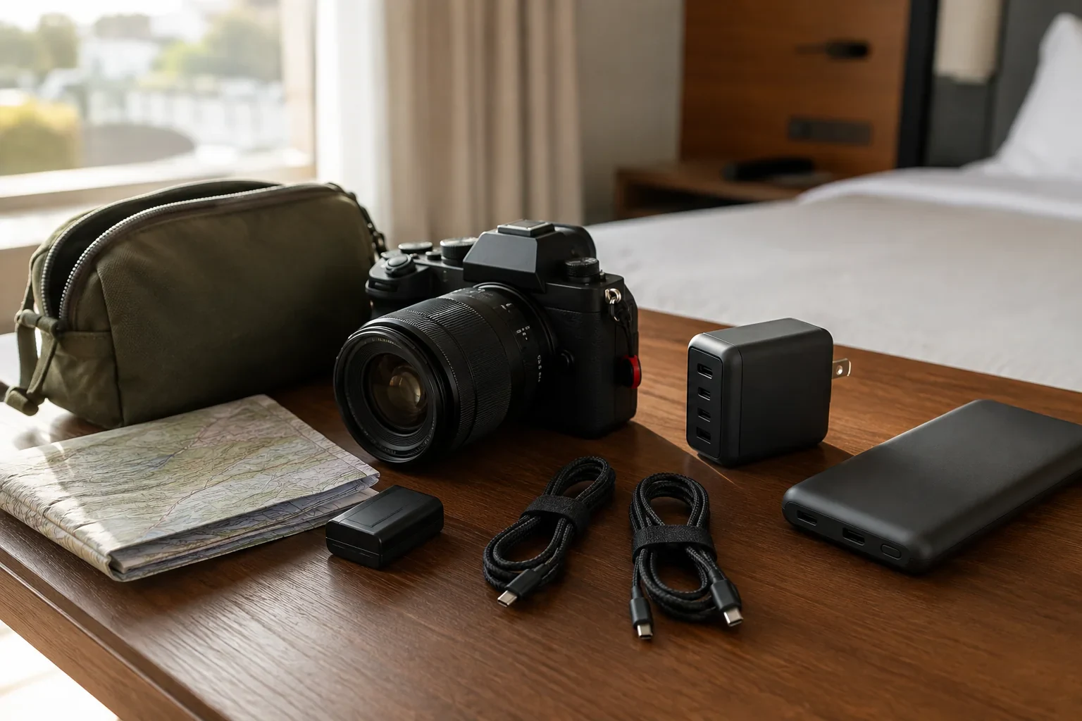 カメラ、予備バッテリー、充電器、モバイルバッテリーをホテルの机に並べた旅行準備