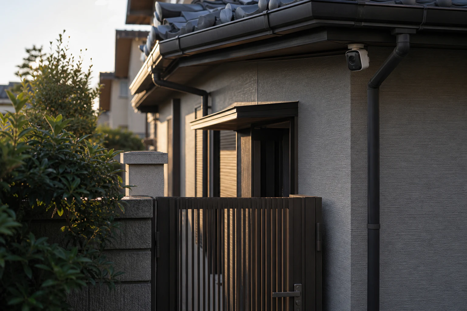 日本の戸建て住宅の門と軒下に取り付けられた屋外カメラ