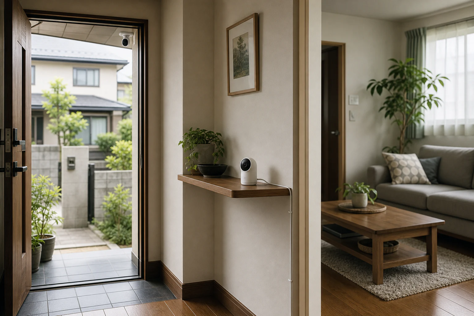 日本の戸建て住宅の玄関とリビングに置かれた防犯カメラ