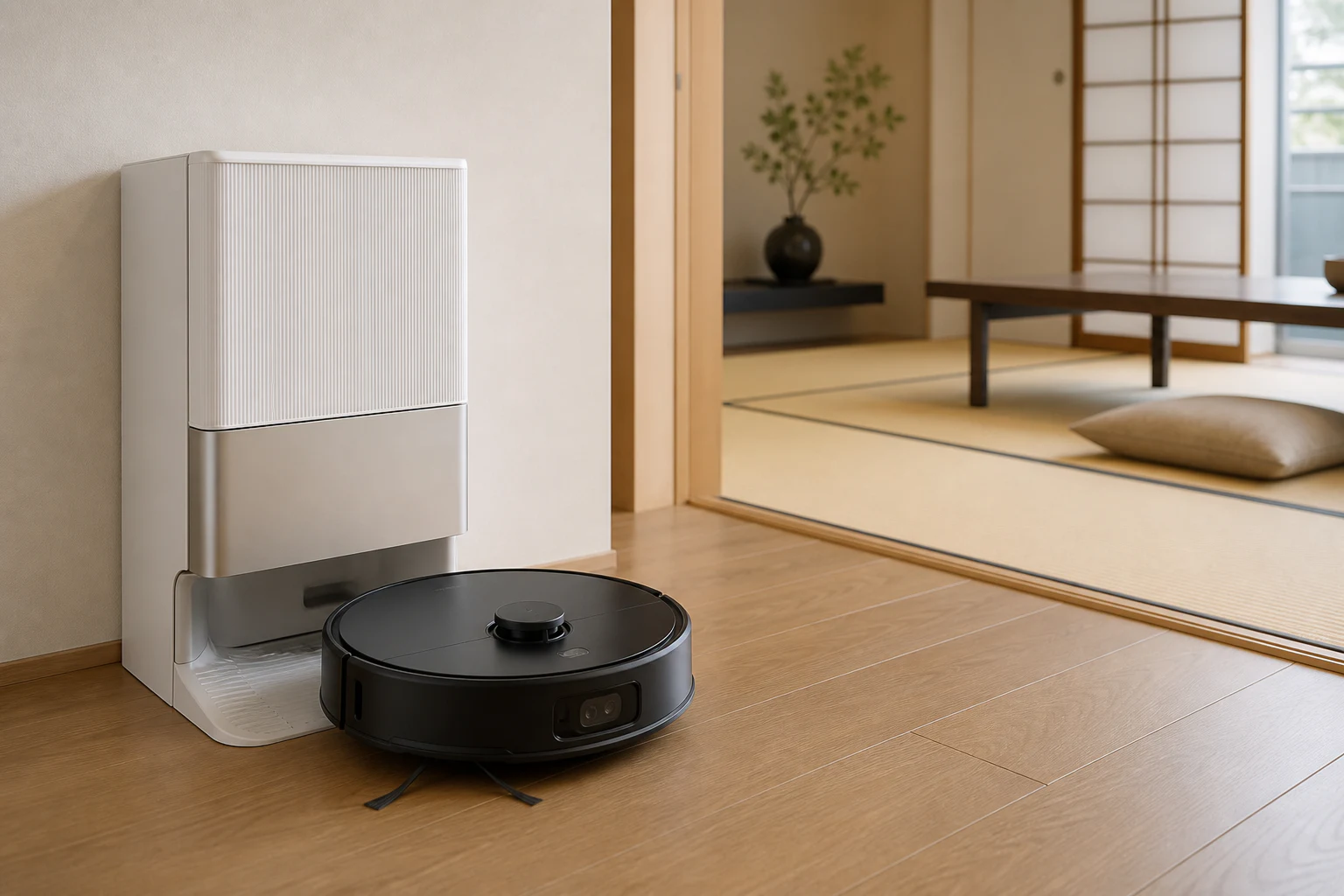 フローリングと畳の境目を走るカメラ搭載ロボット掃除機とステーション