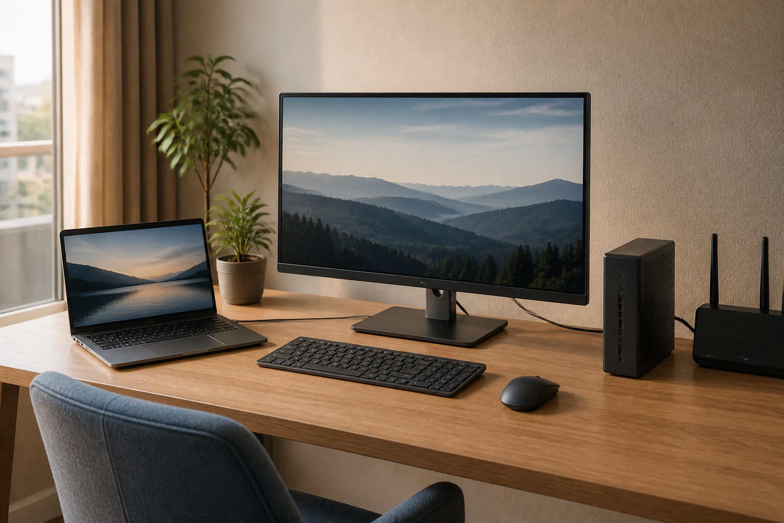 ノートPCとデスクトップPCを一台の27型4Kモニターへ接続した日本の在宅ワーク机