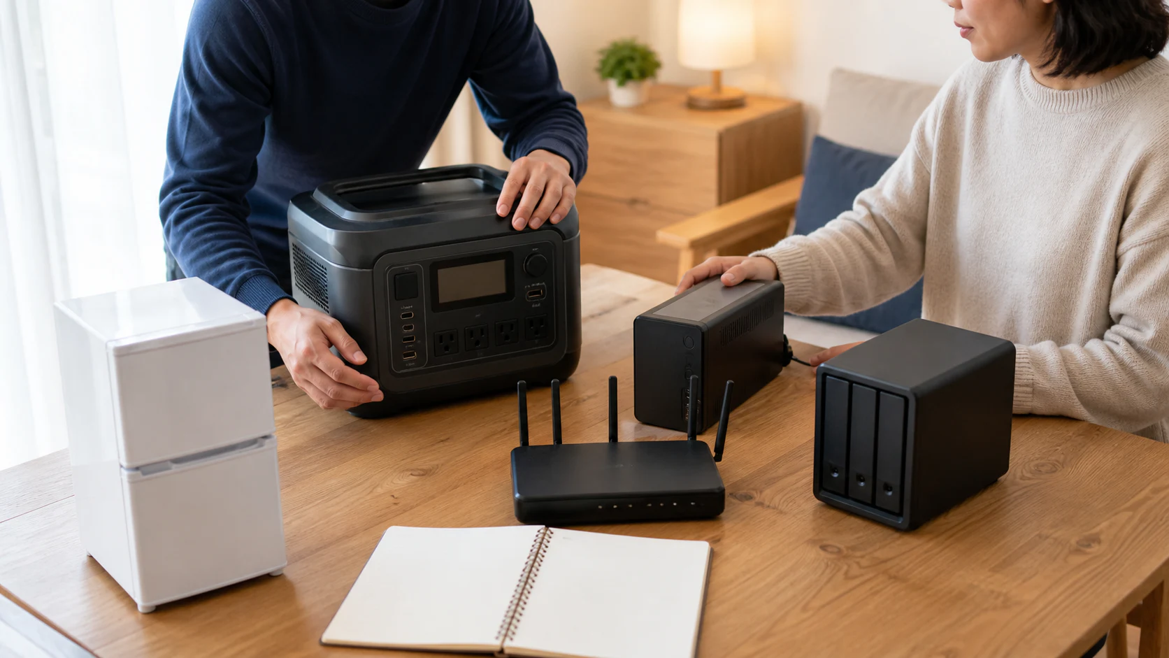 ポータブル電源と定置型UPSを用途別に分けて家族と確認する使用イメージ