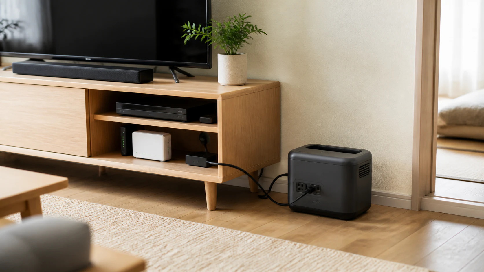 テレビボード脇の限られたスペースで本体、コンセント、ケーブルの長さを確認する使用イメージ