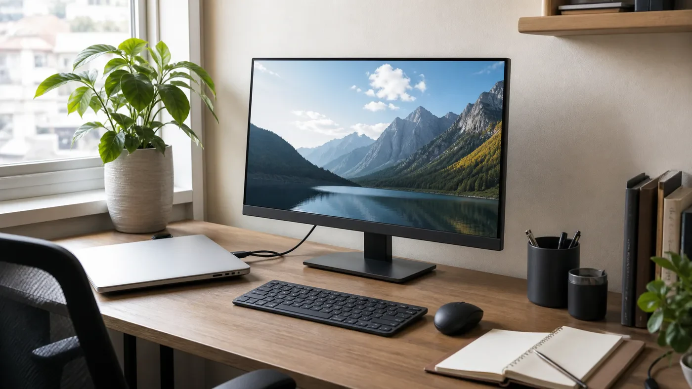 在宅ワーク用の27型4KモニターとノートPCをUSB-Cで接続したデスク