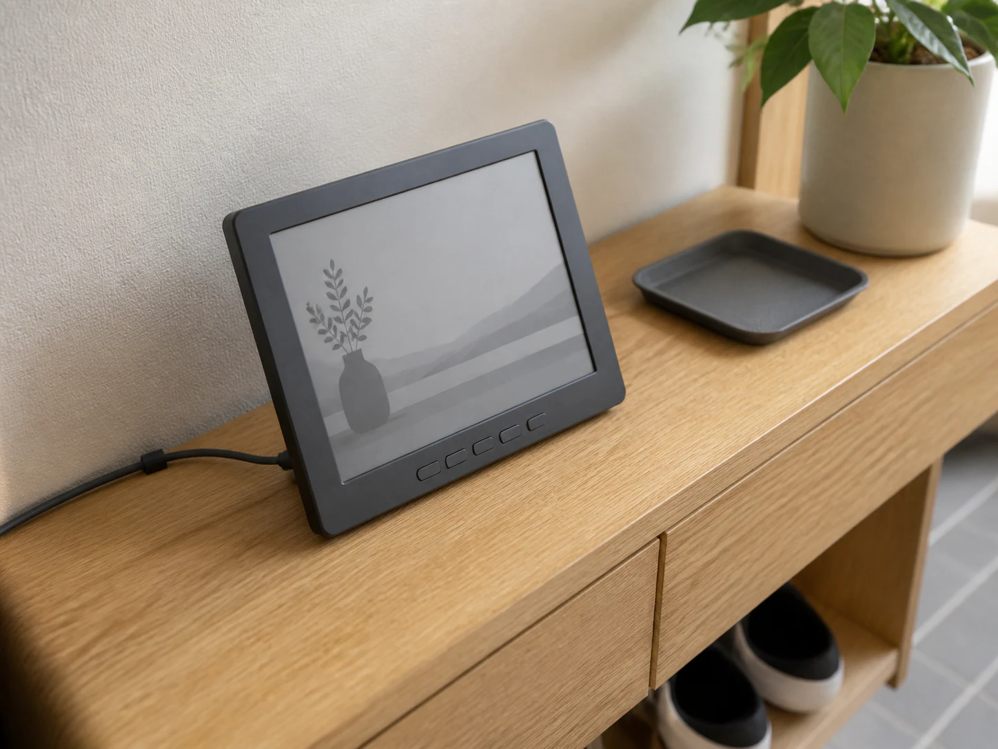 E Ink表示端末を棚へ置き、背面からUSB-Cケーブルを逃がす給電イメージ