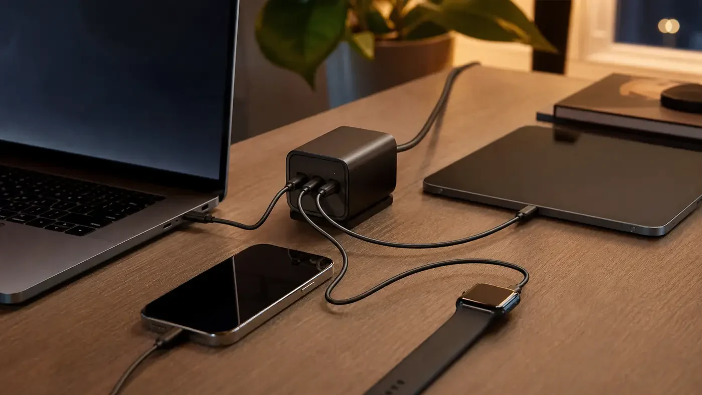 複数のUSB-Cポートを備えた充電器や周辺機器を比較するイメージ