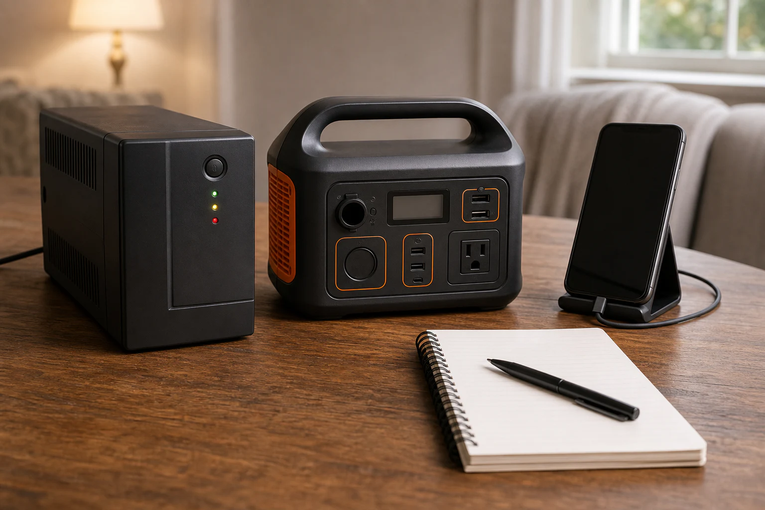 専用UPS、ポータブル電源、スマホのテザリングを同じ机で比べる場面