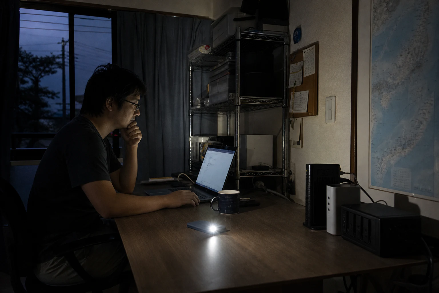 停電中の日本のホームオフィスでルーターとノートPCを確認する場面