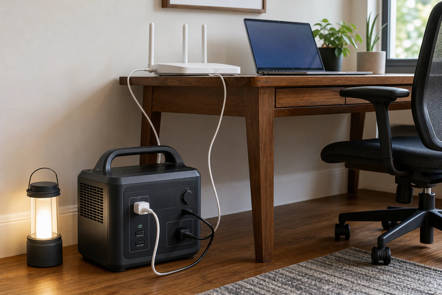 ポータブル電源からルーターとノートPCへ給電する家庭の仕事机