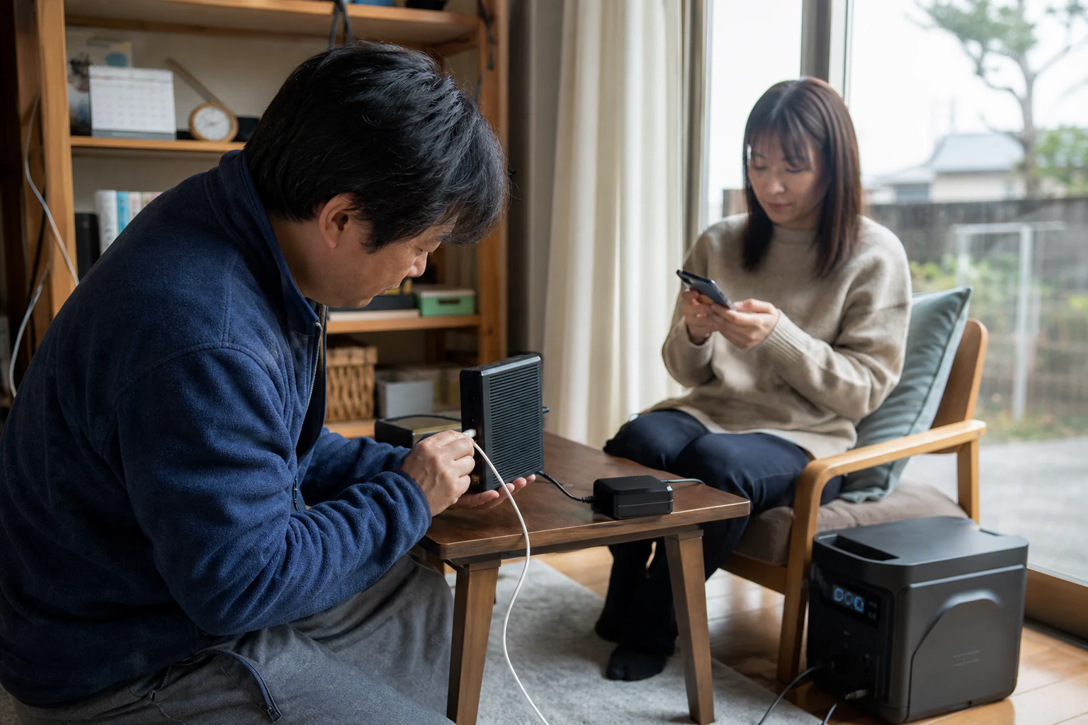 停電後に家族でONUとルーターを確認し、スマホの通信手段を切り替える場面