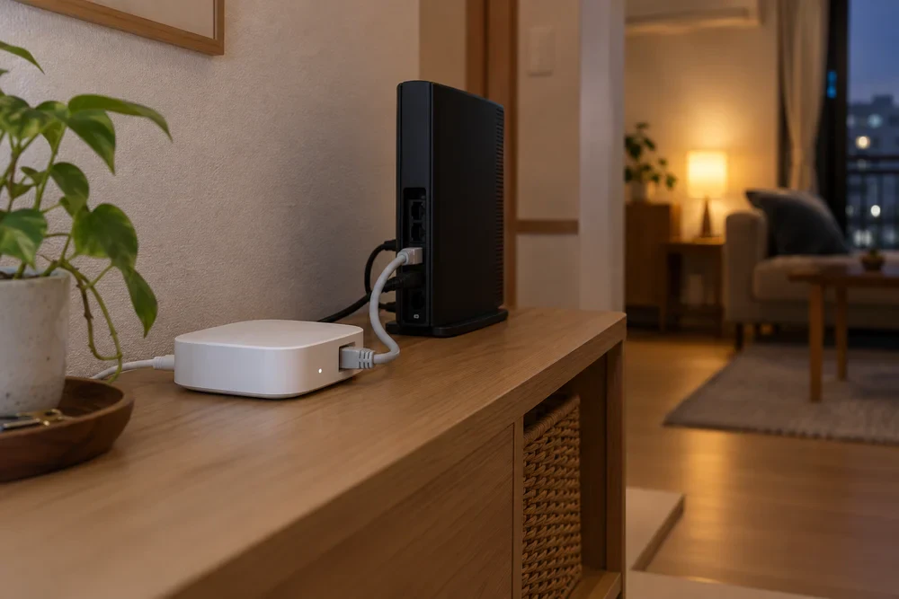 白い専用ハブとルーターをLANケーブルでつなぐイメージ