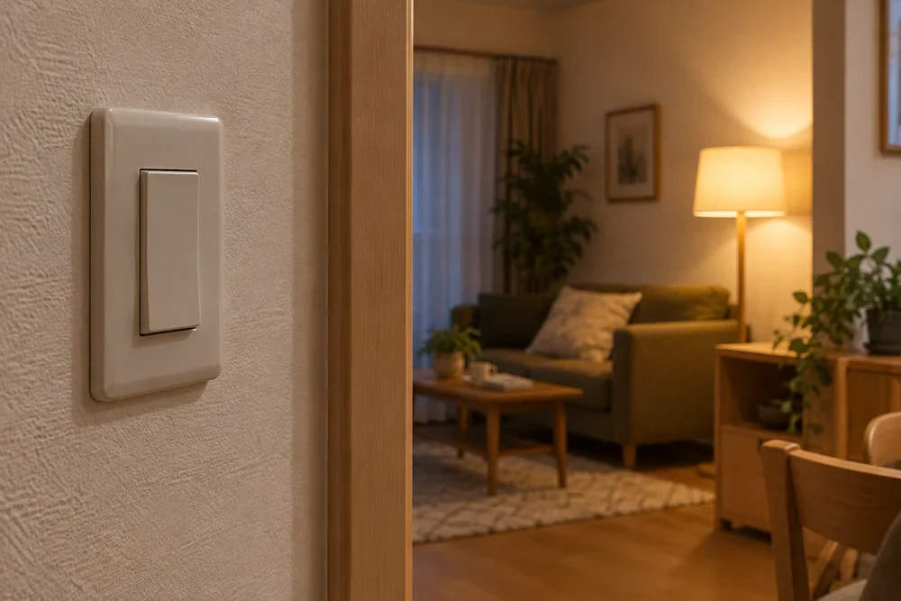 壁スイッチと奥のランプを組み合わせた照明のイメージ