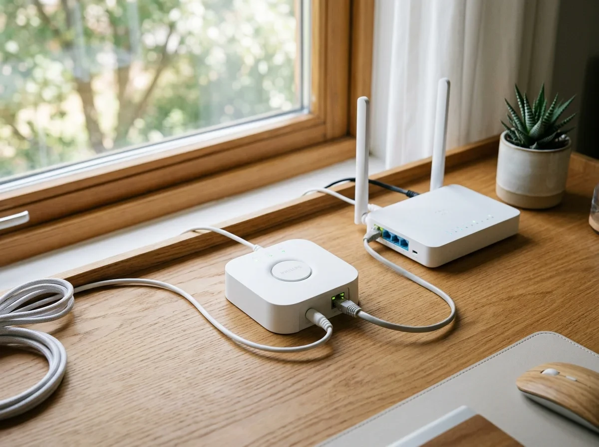スマート照明のブリッジとルーターを机の上で確認するイメージ