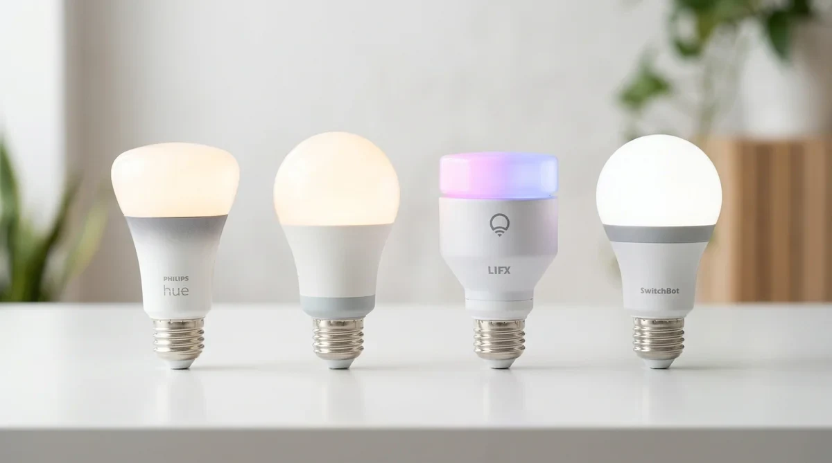 4つのスマート電球ブランドを並べた比較画像:Philips Hue、IKEA TRÅDFRI、LIFX、SwitchBot