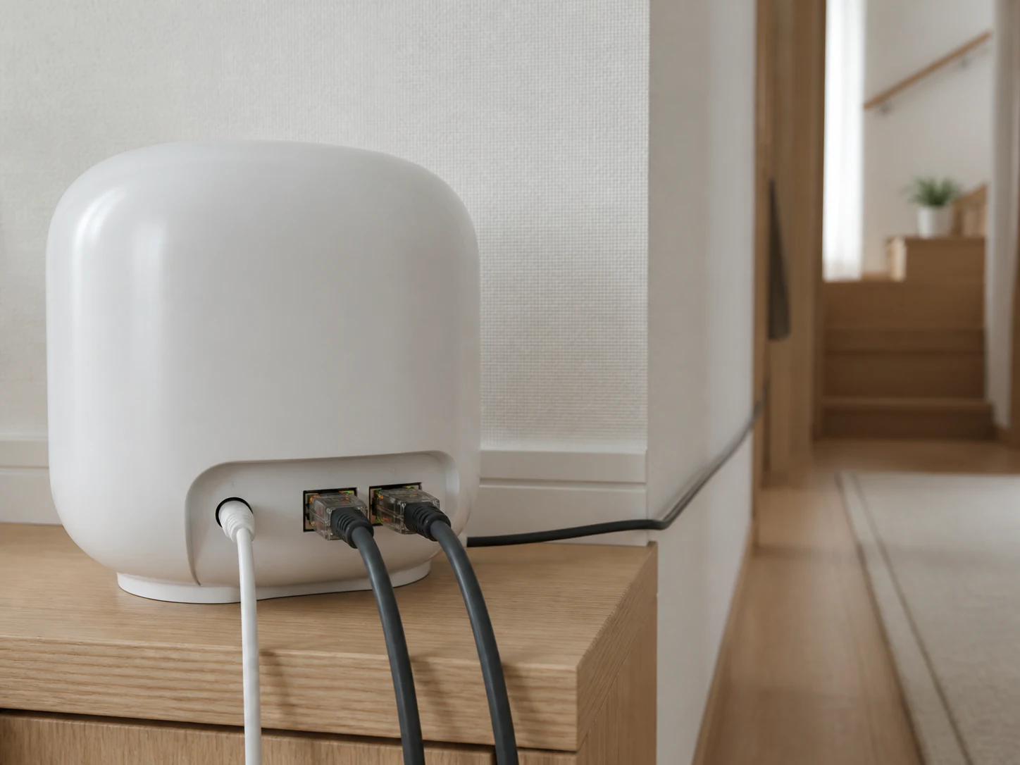 Google Nest Wifi Proの背面にLANケーブルを接続し、廊下へ配線する様子