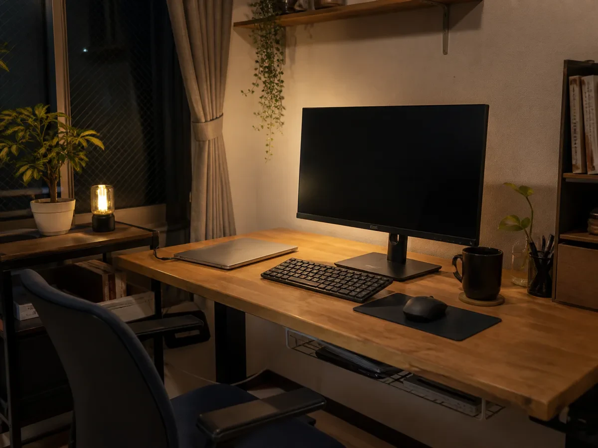 モニターの前にノートPCと外部機器を置き、夜に一人で動画を見る机