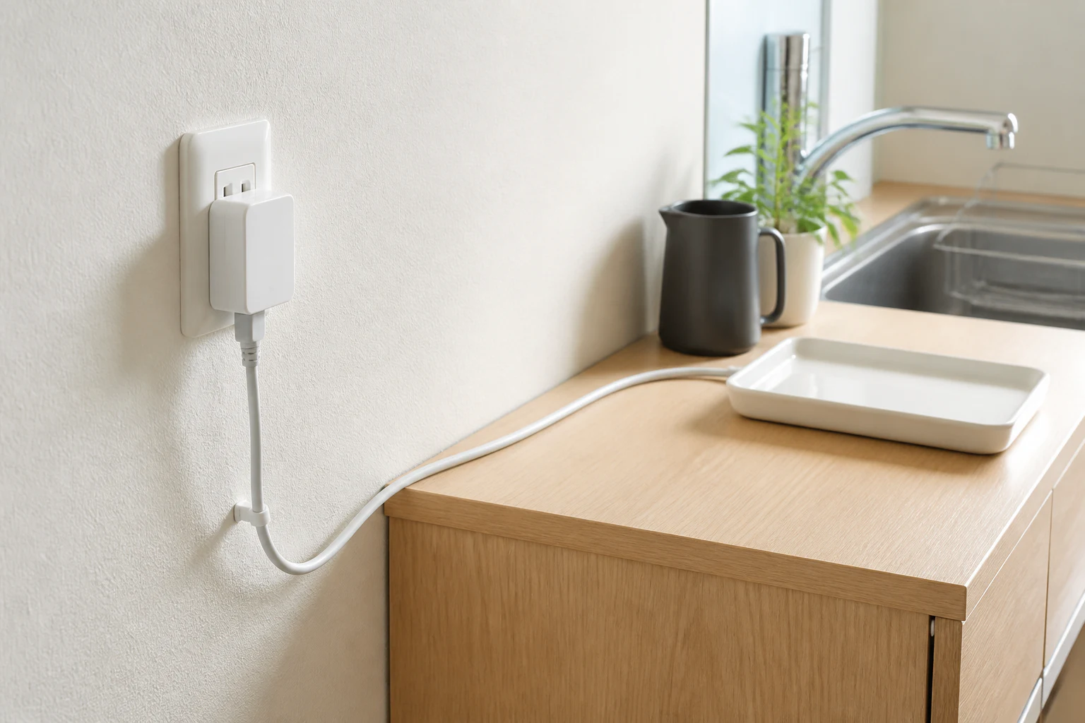 乾いた場所でコンセントと電源ケーブルを安全に配置するイメージ