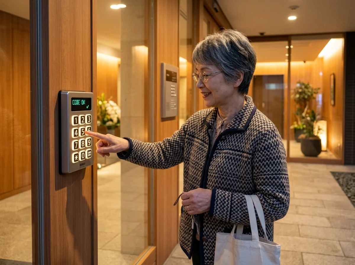 高齢の家族も使う玄関で顔認証パッドを確認するイメージ
