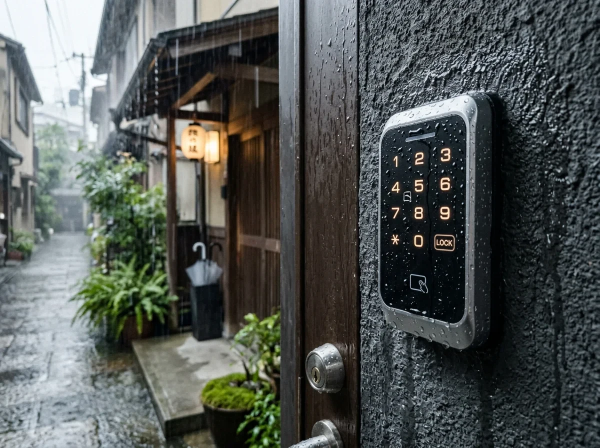 雨の日にSwitchBot顔認証パッドで予備の解錠方法を確認するイメージ