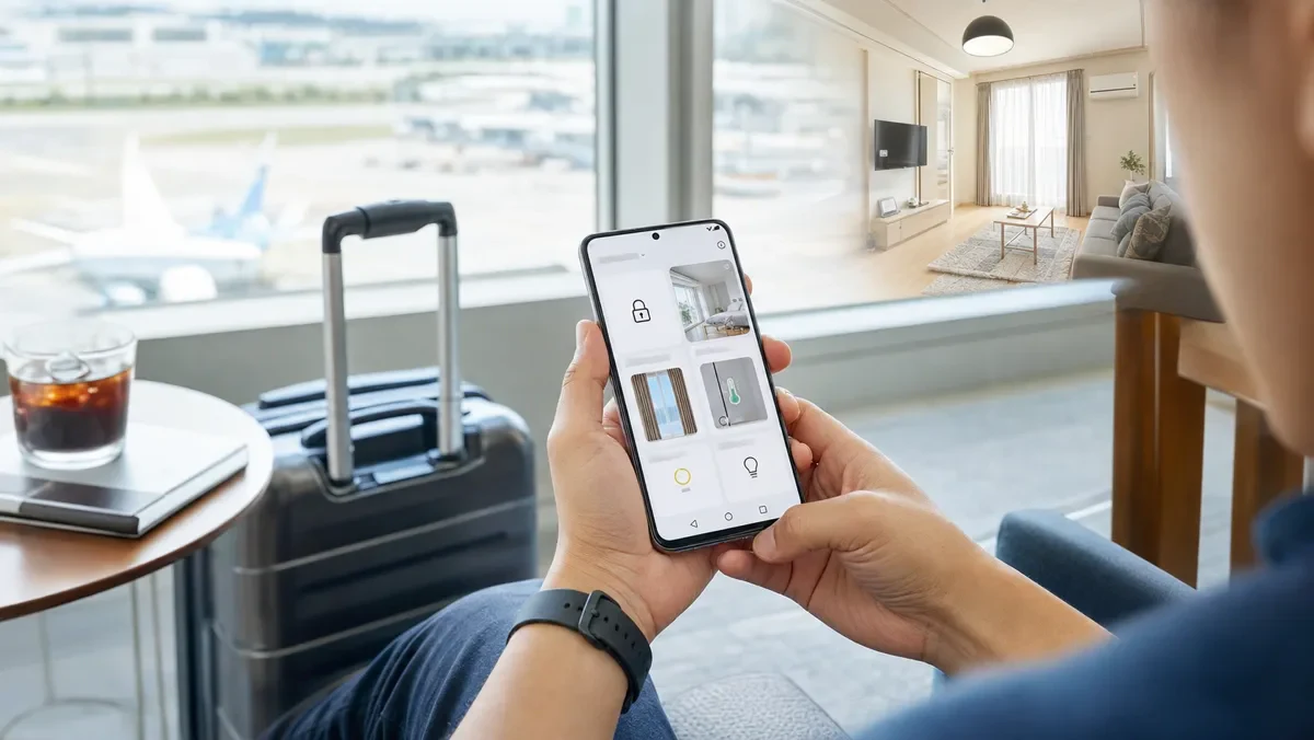 外出先からスマートフォンで家の状態を確認する日本の住まい
