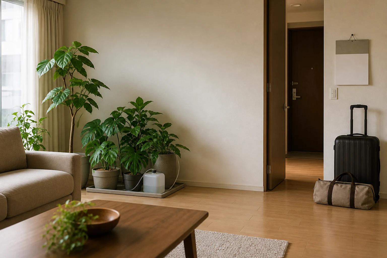旅行前の日本のリビングで観葉植物と不在時の水やり道具を確認する様子