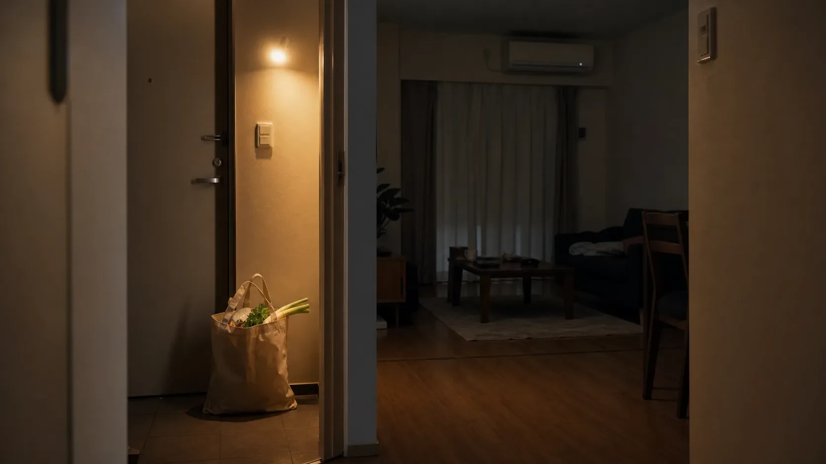 夕方の玄関と明かりがついたリビング