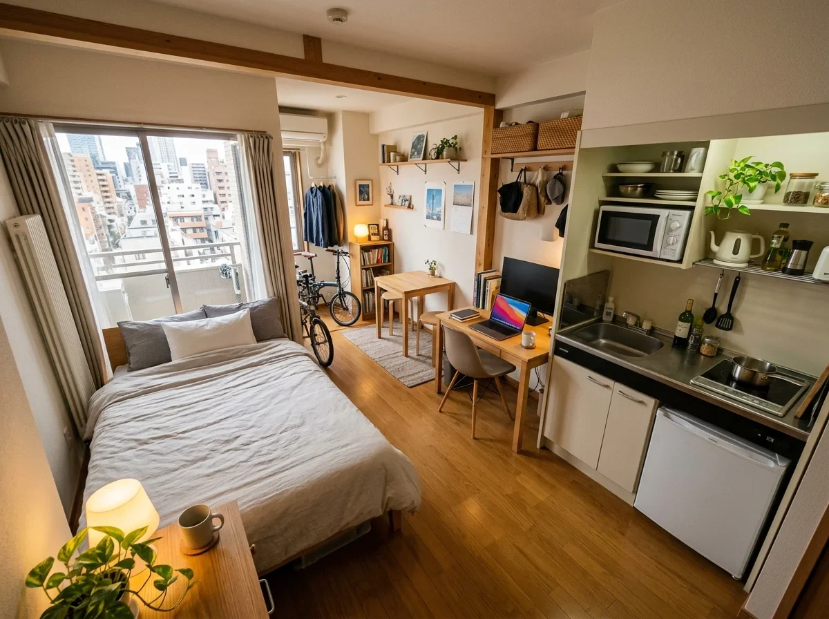 1Kの部屋でベッド、デスク、キッチンを分けて使うイメージ