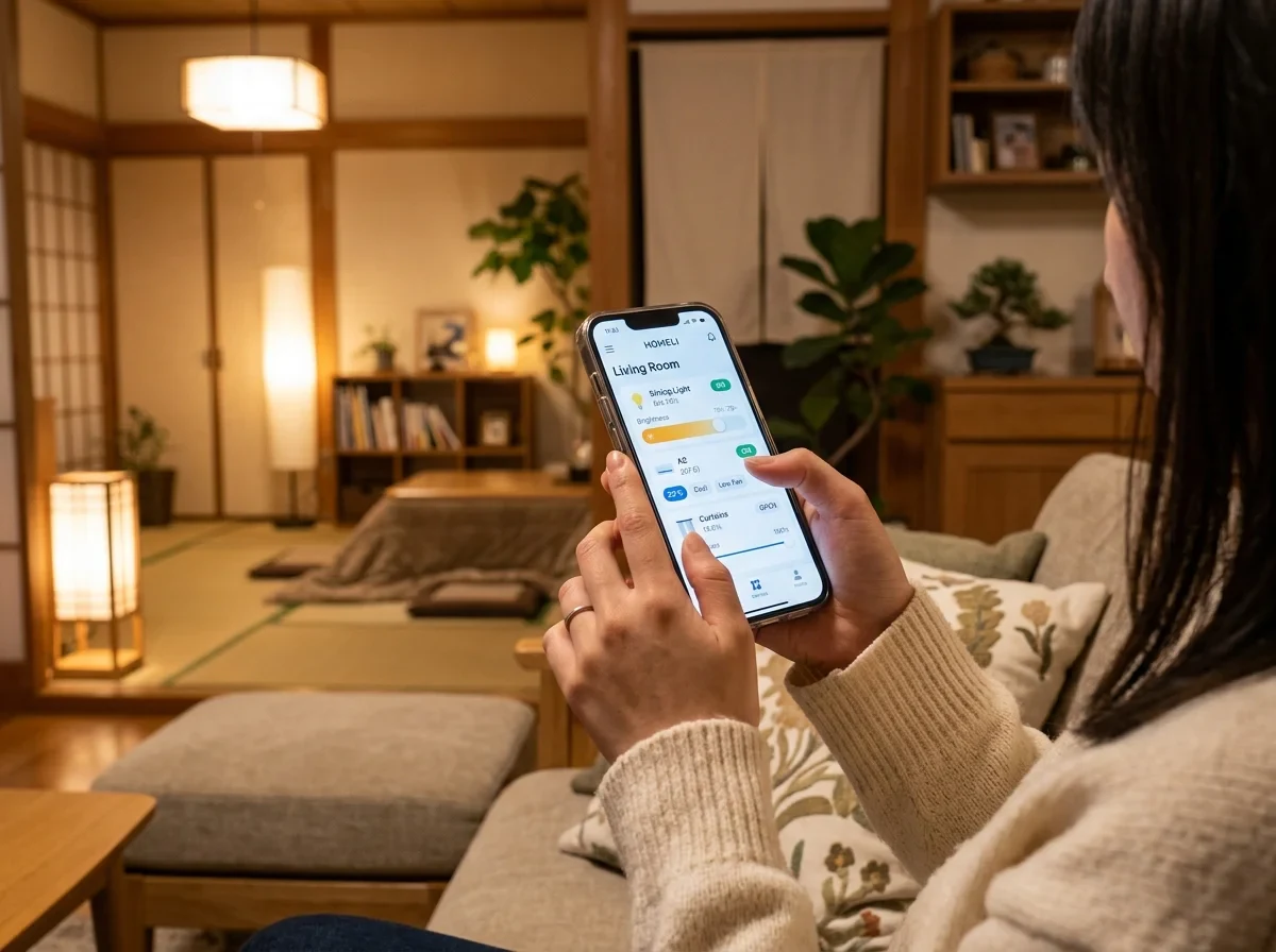 スマートホームアプリで照明と空調を確認するリビング