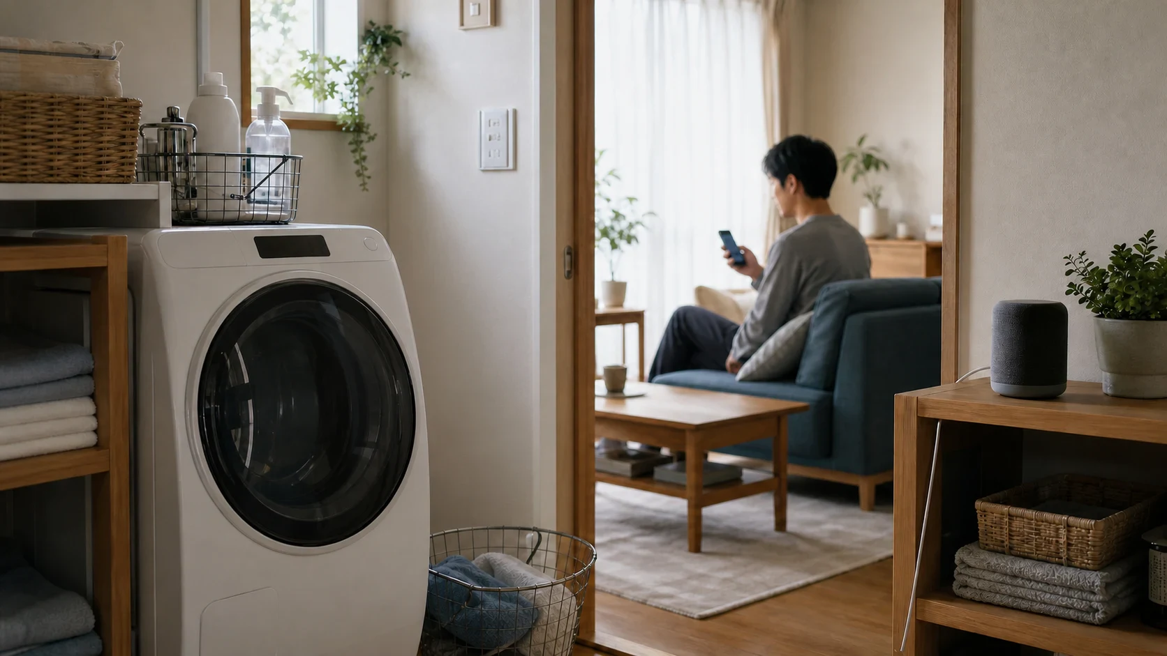 洗濯機の終了をスマートフォンと家のスピーカーへ伝える日本の洗面所とリビング