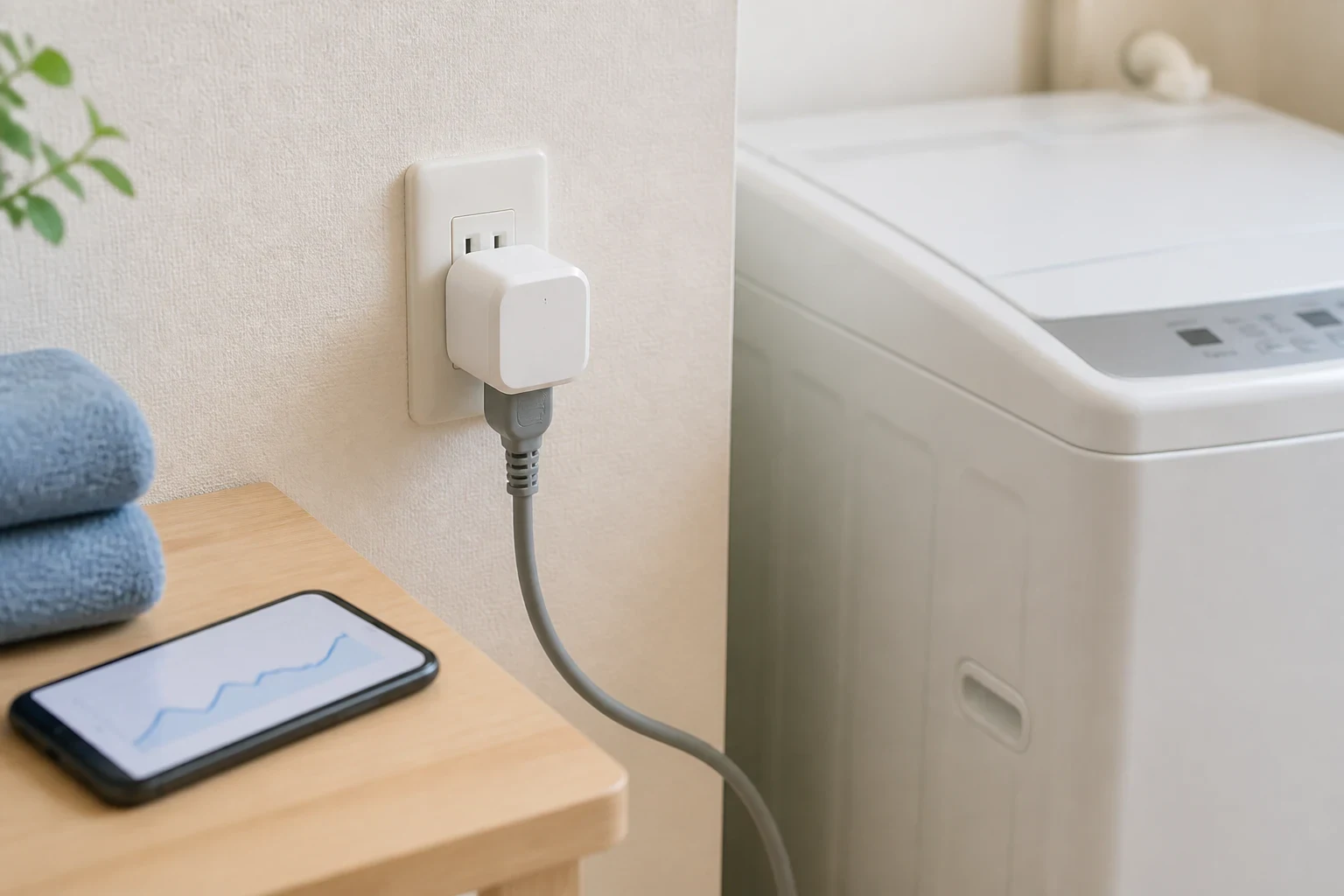 洗濯機のコンセントとTapo P110Mの電力グラフを確認するイメージ