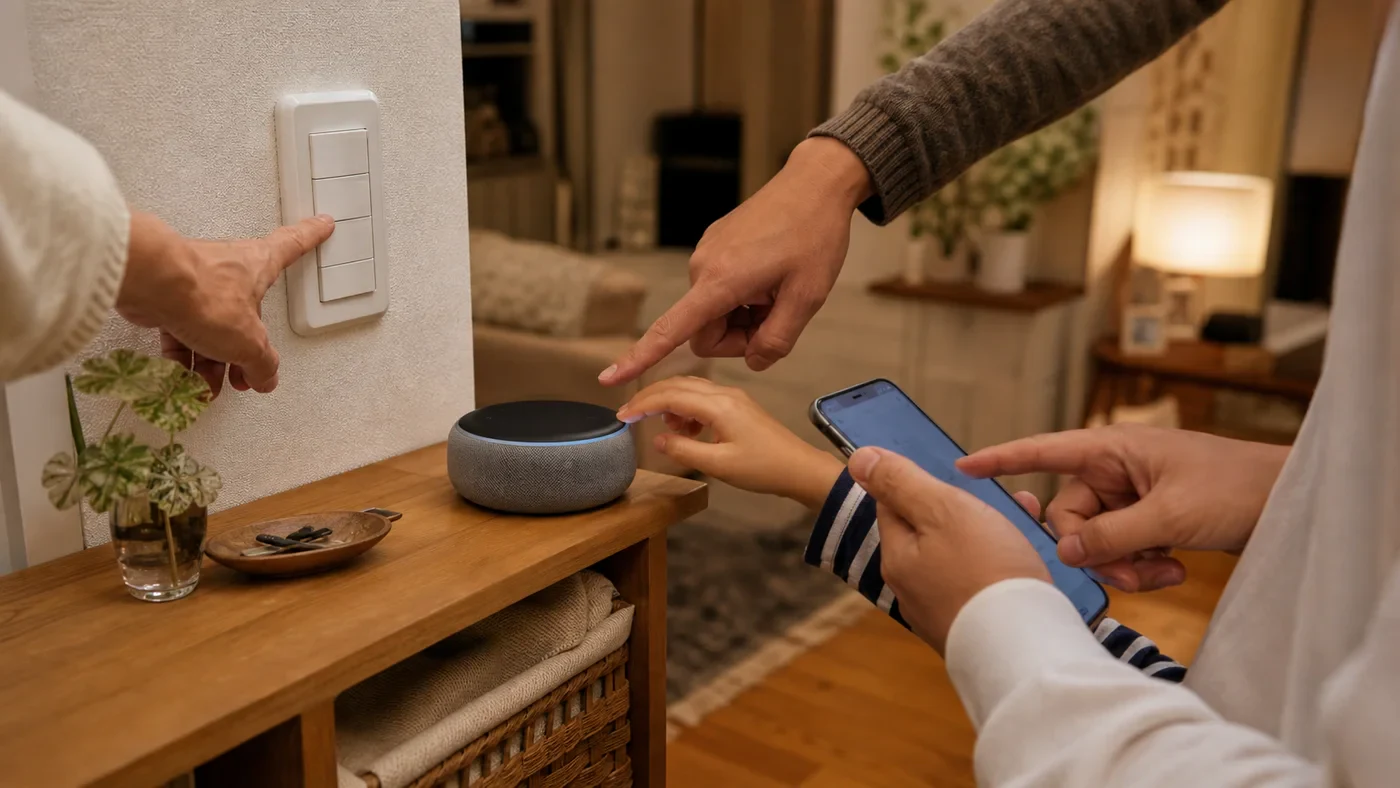 音声端末と物理スイッチとスマートフォンを一緒に確認する家族の手元