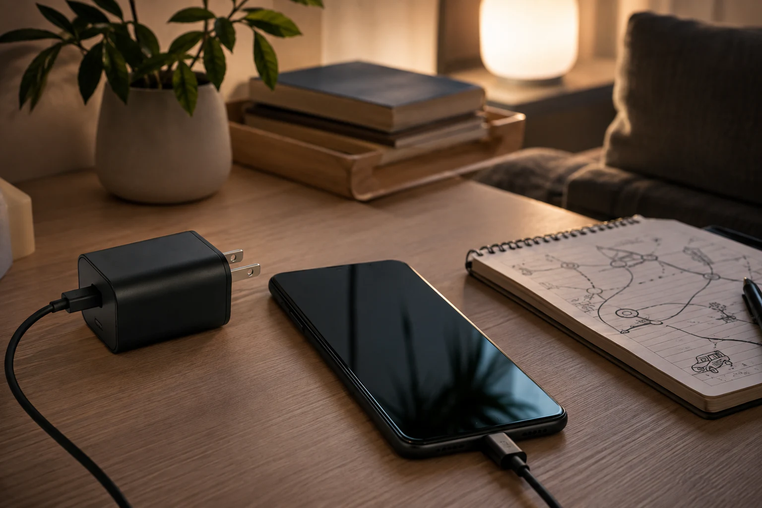 USB-Cケーブルでスマートフォンを充電する夜のデスク