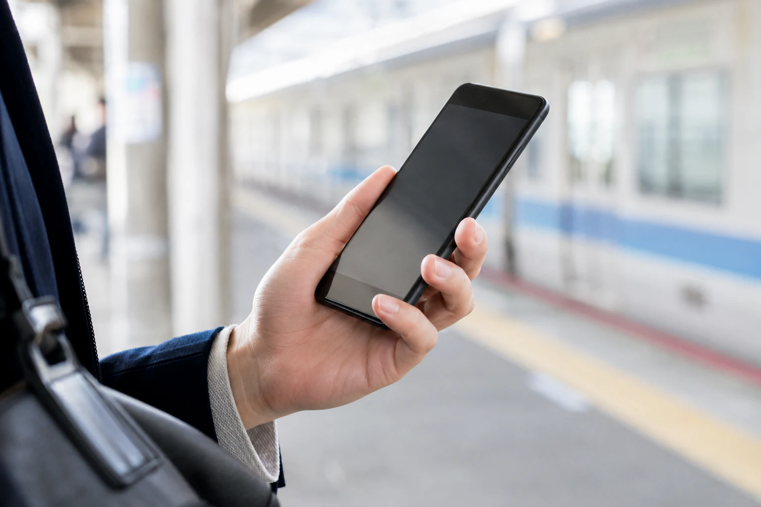 駅のホームで薄型スマートフォンを片手で操作する生活シーン