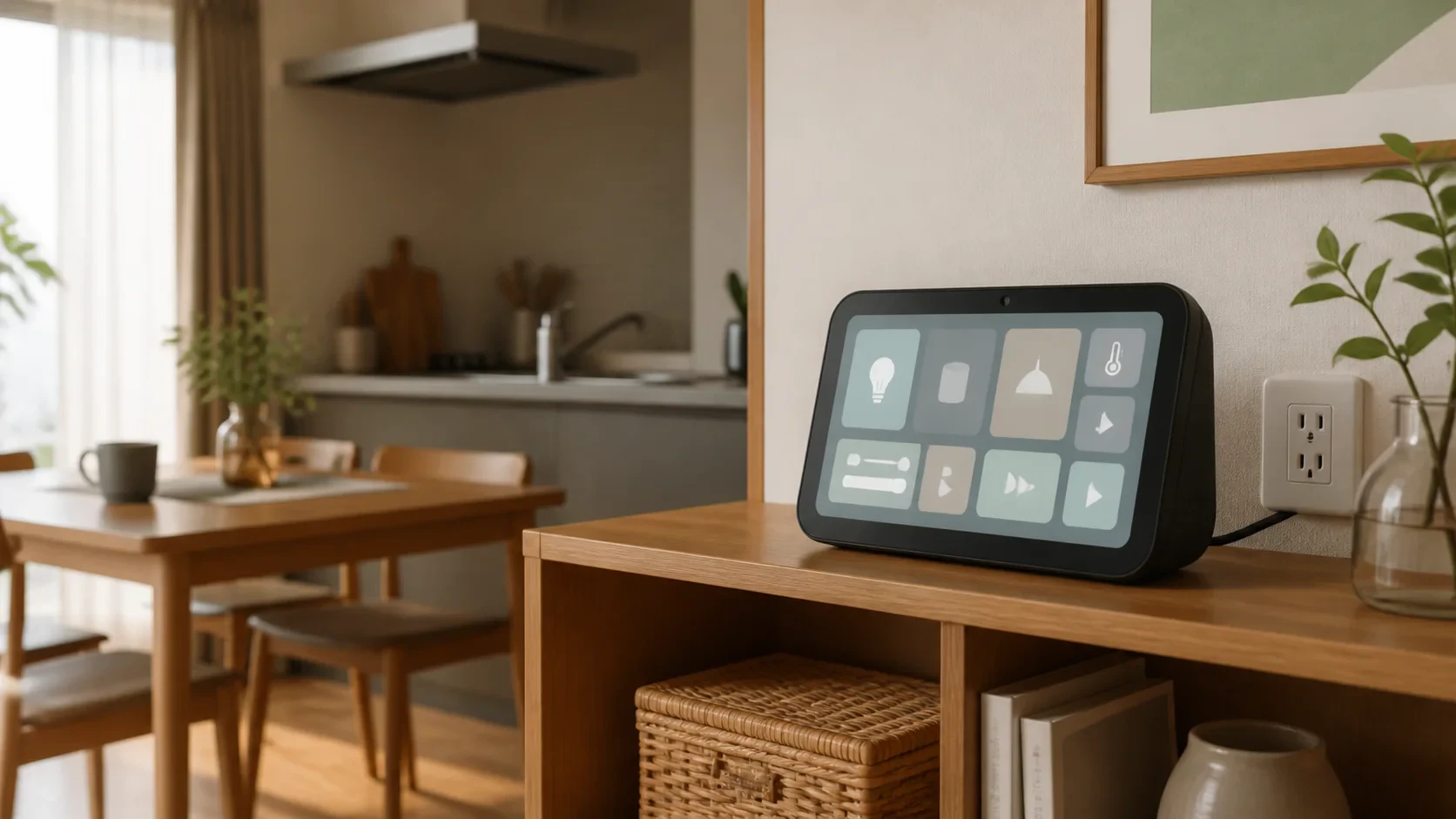 キッチン脇の棚に置かれたEcho Show 8 第3世代とスマートホーム操作画面