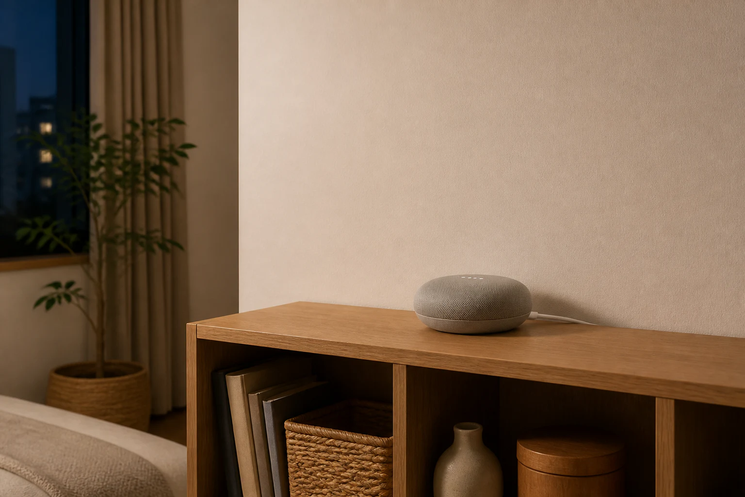賃貸の部屋で棚置きと壁掛けの位置を見比べるイメージ