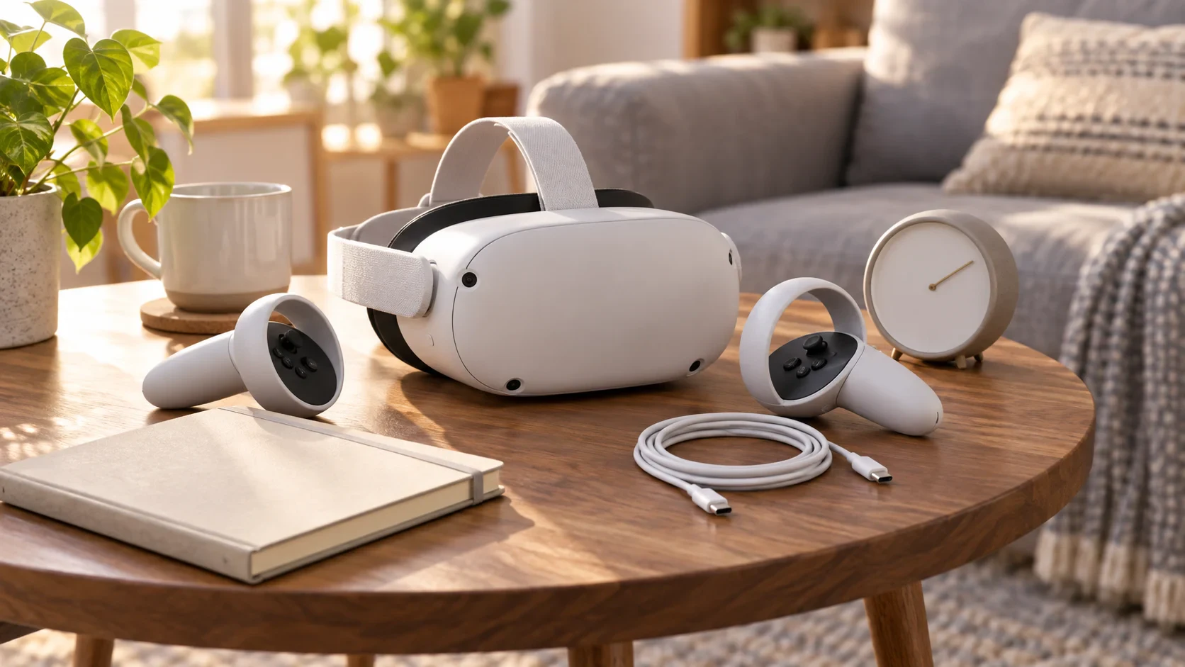 VRゴーグルとコントローラー、USB-Cケーブル、時計を一人利用の机に置いた場面