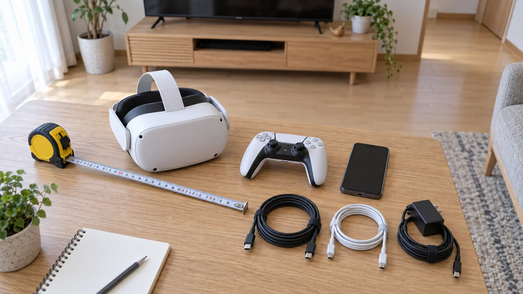 メジャー、白いVRゴーグル、ゲームコントローラー、スマートフォン、USB-Cケーブルをテレビ前で確認する場面