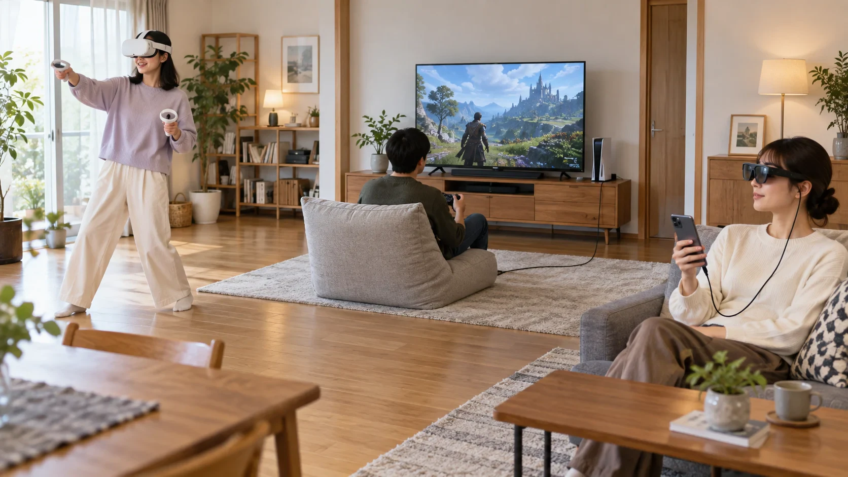 リビングでスタンドアロンVR、テレビ前の接続型VR、ARグラスを使う三つの生活場面